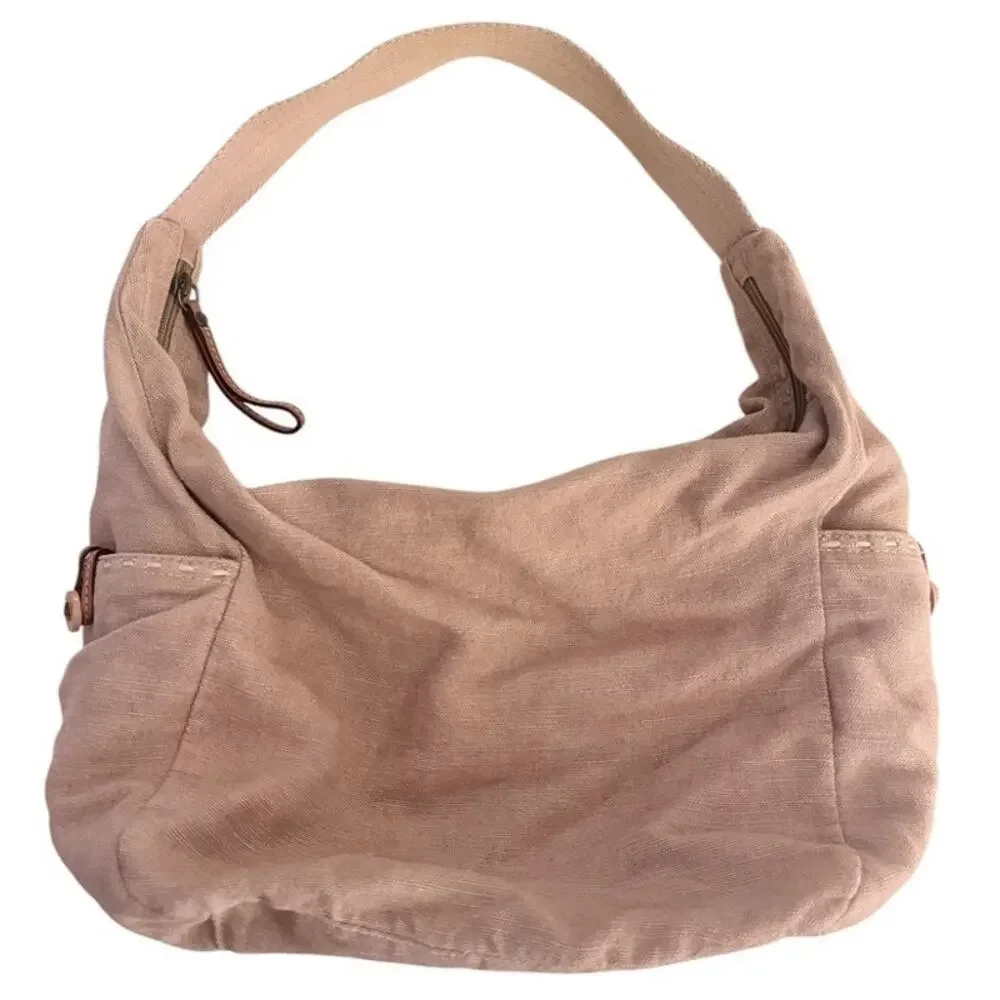 00s Fossil Canvas Leather Slouchy Hobo Shoulder Bag Tan Boho Western Cottage